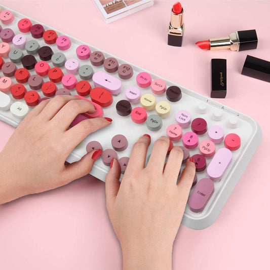 Wireless Retro Keyboard Cute Mouse Combo, 2.4Ghz USB Wireless Typewriter Keyboard with 104 Colorful round Key, Full Size with 3 DPI for PC Laptop Desktop