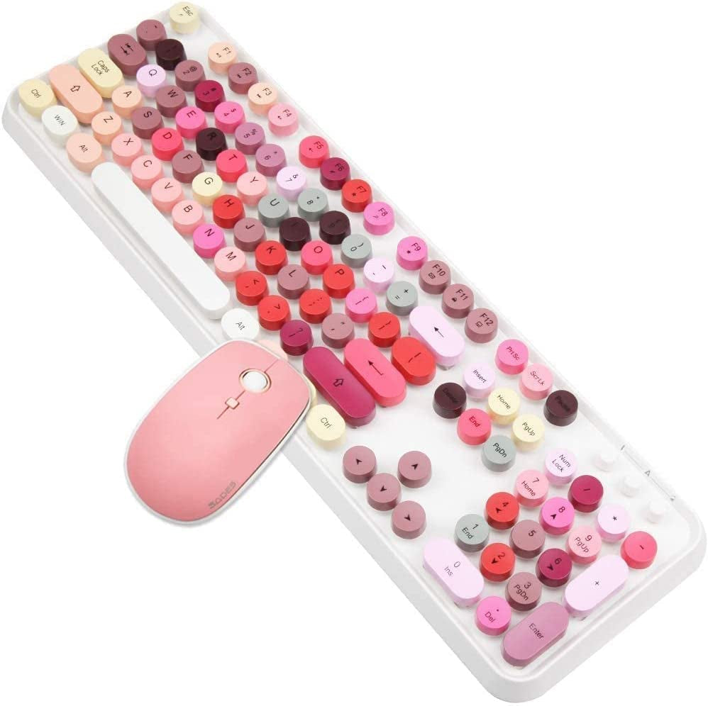 Wireless Retro Keyboard Cute Mouse Combo, 2.4Ghz USB Wireless Typewriter Keyboard with 104 Colorful round Key, Full Size with 3 DPI for PC Laptop Desktop
