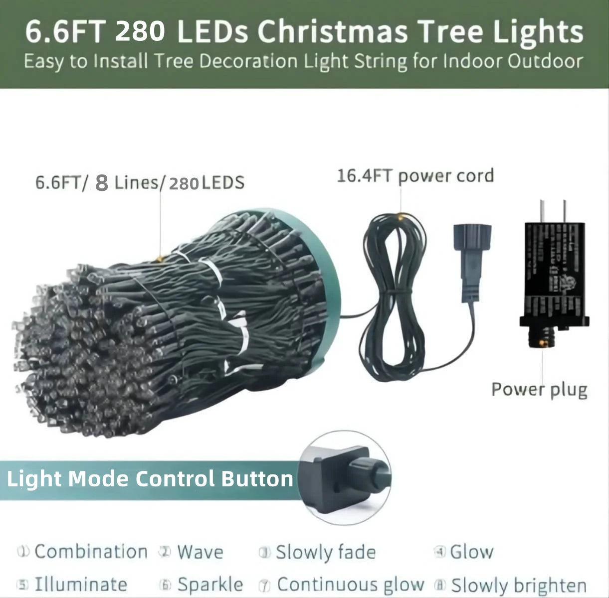 Christmas Tree Lights with Ring,  Christmas String Lights 6.6FT 8 Strands 280 LED with 8 Lighting Modes, Outdoor Indoor Fairy String Lights for 6/7/8Ft Xmas Tree Decorations, Warm White