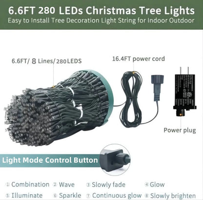 Christmas Tree Lights with Ring,  Christmas String Lights 6.6FT 8 Strands 280 LED with 8 Lighting Modes, Outdoor Indoor Fairy String Lights for 6/7/8Ft Xmas Tree Decorations, Warm White