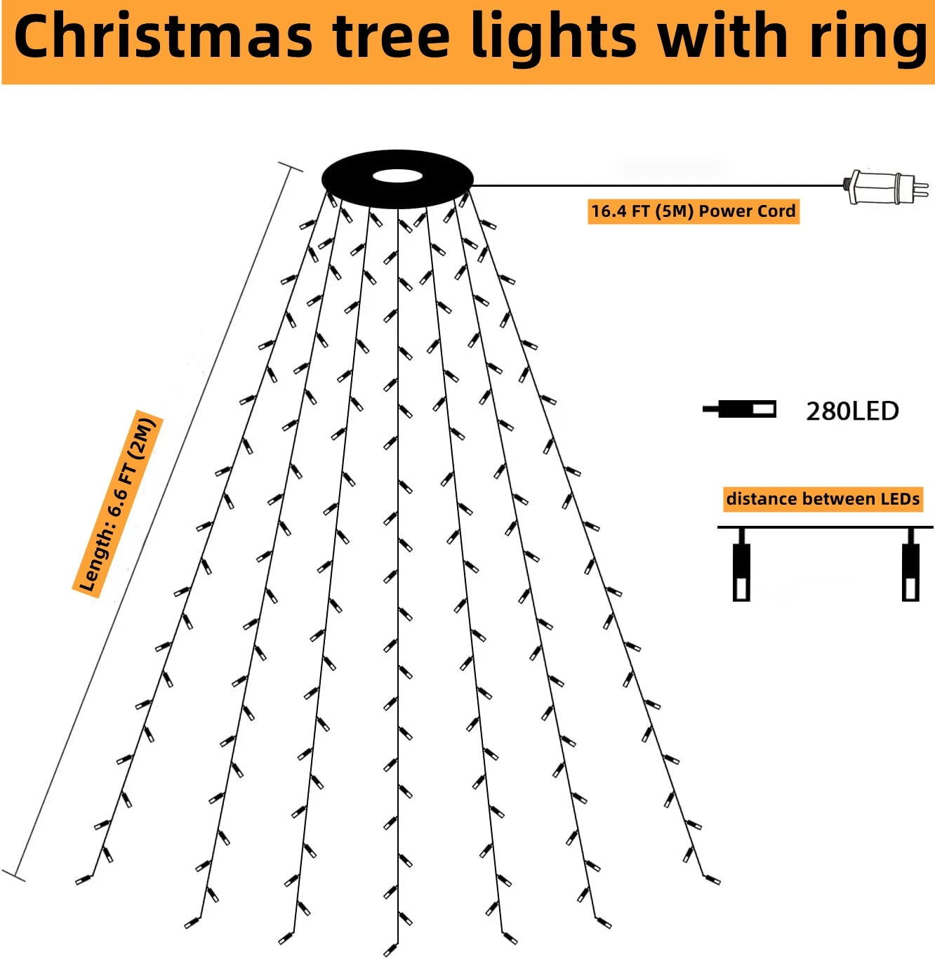 Christmas Tree Lights with Ring,  Christmas String Lights 6.6FT 8 Strands 280 LED with 8 Lighting Modes, Outdoor Indoor Fairy String Lights for 6/7/8Ft Xmas Tree Decorations, Warm White