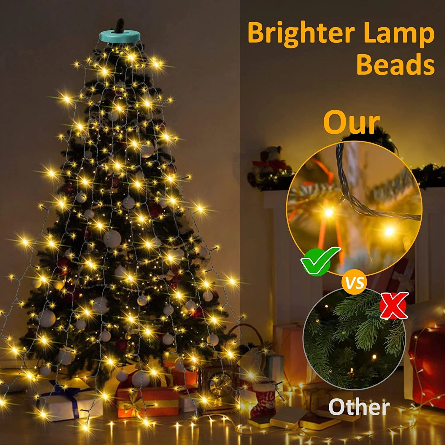 Christmas Tree Lights with Ring,  Christmas String Lights 6.6FT 8 Strands 280 LED with 8 Lighting Modes, Outdoor Indoor Fairy String Lights for 6/7/8Ft Xmas Tree Decorations, Warm White