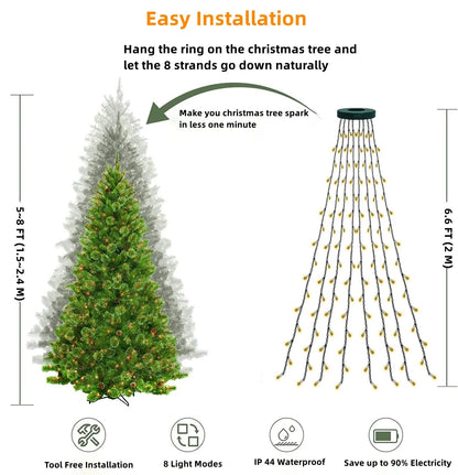 Christmas Tree Lights with Ring,  Christmas String Lights 6.6FT 8 Strands 280 LED with 8 Lighting Modes, Outdoor Indoor Fairy String Lights for 6/7/8Ft Xmas Tree Decorations, Warm White